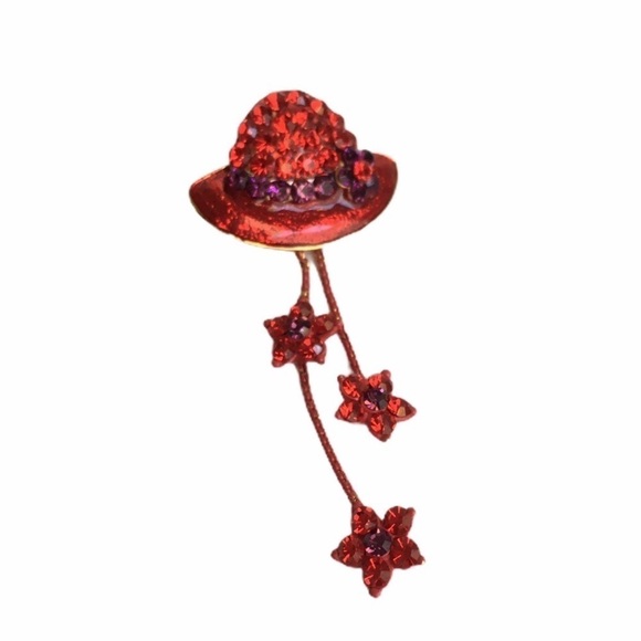 Vintage Red Hat Brooch Purple Pin Rhinestone - Picture 1 of 8